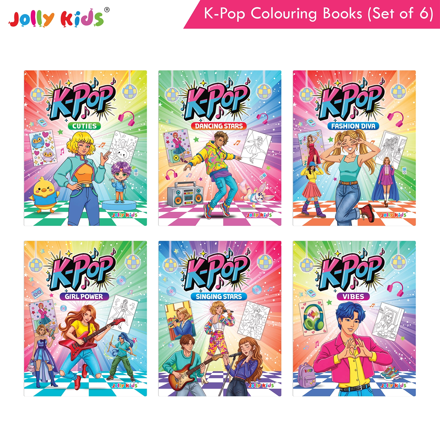 Jolly Kids K-Pop Colouring Books (Set of 6) - Cuties, Dancing Stars, Fashion Diva, Girl Power, Singing Stars, Vibes
