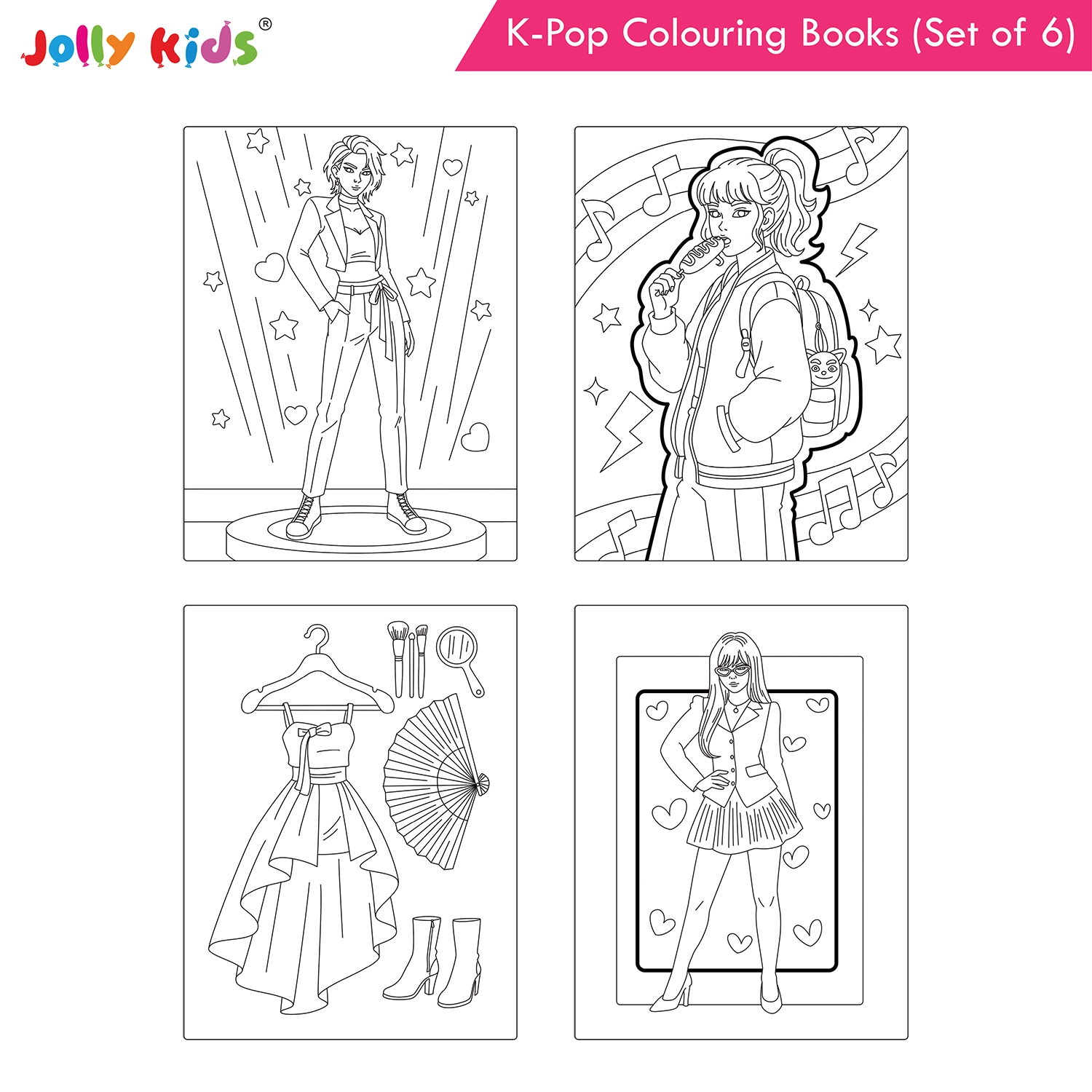 Jolly Kids K-Pop Colouring Books (Set of 6) - Cuties, Dancing Stars, Fashion Diva, Girl Power, Singing Stars, Vibes - Image 5