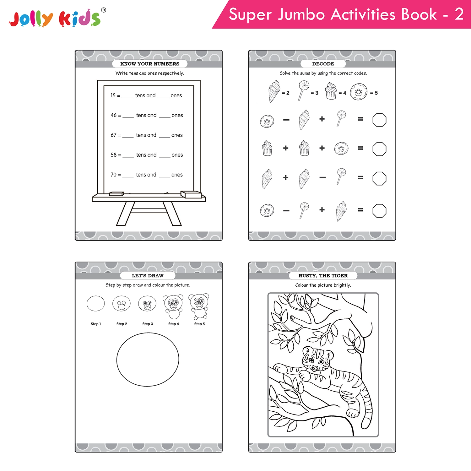 Jolly Kids Super Jumbo Colouring and Activity Book 2 - Ultimate Picture and Number Activities with Fun Puzzles, Dot-to-Dot, Early Maths, Word Building and Creative Colouring for Kids - Image 5