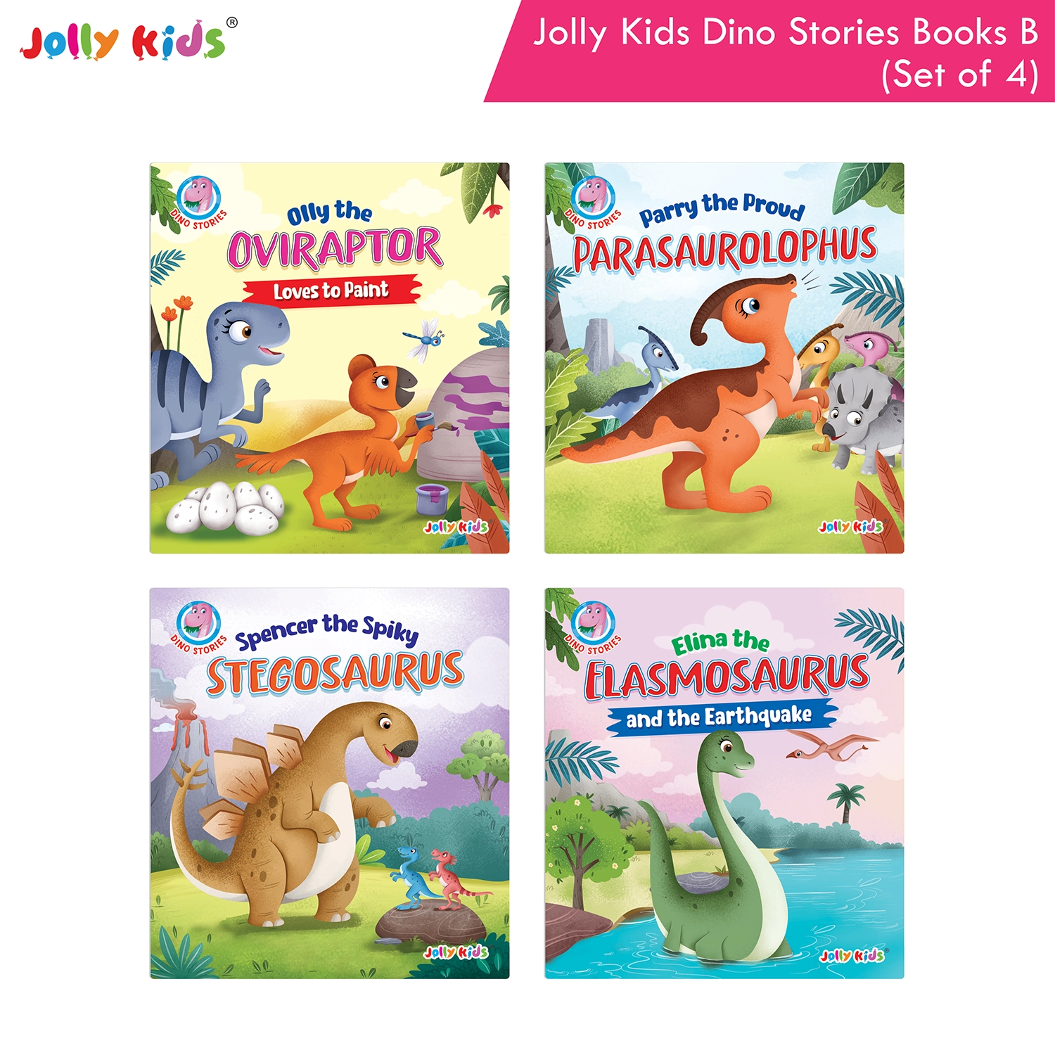 Jolly Kids Dinosaur Story Books B Set of 4 | Colourful Illustrated Dino Adventures for Kids | Olly Oviraptor, Parry Parasaurolophus, Spencer Stegosaurus and Elina Elasmosaurus