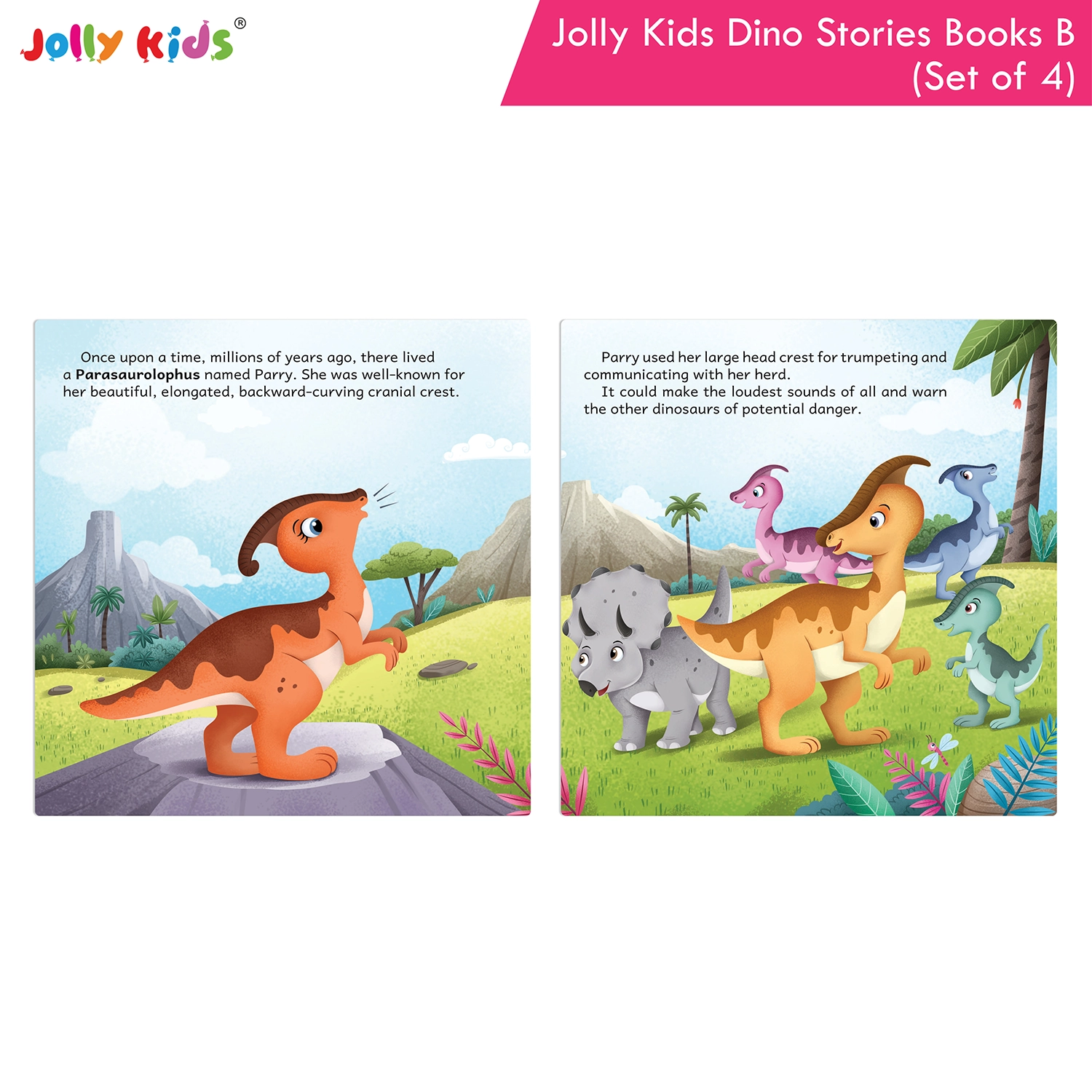 Jolly Kids Dinosaur Story Books B Set of 4 | Colourful Illustrated Dino Adventures for Kids | Olly Oviraptor, Parry Parasaurolophus, Spencer Stegosaurus and Elina Elasmosaurus - Image 3