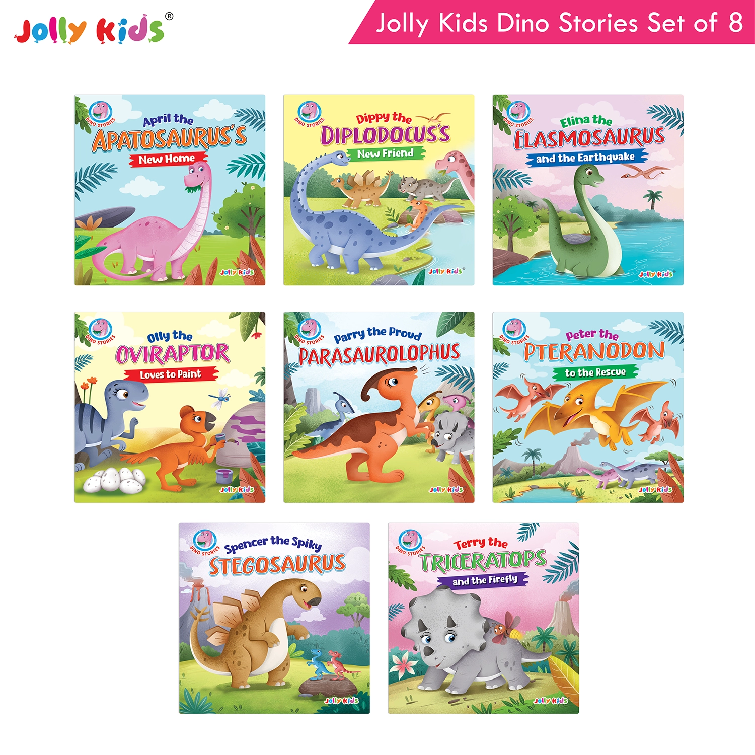 Jolly Kids Dinosaur Story Books Set for Kids (Set of 8) | Colourful Dino Stories with Moral Tales, Fun Adventures, Friendship and Illustrated Characters
