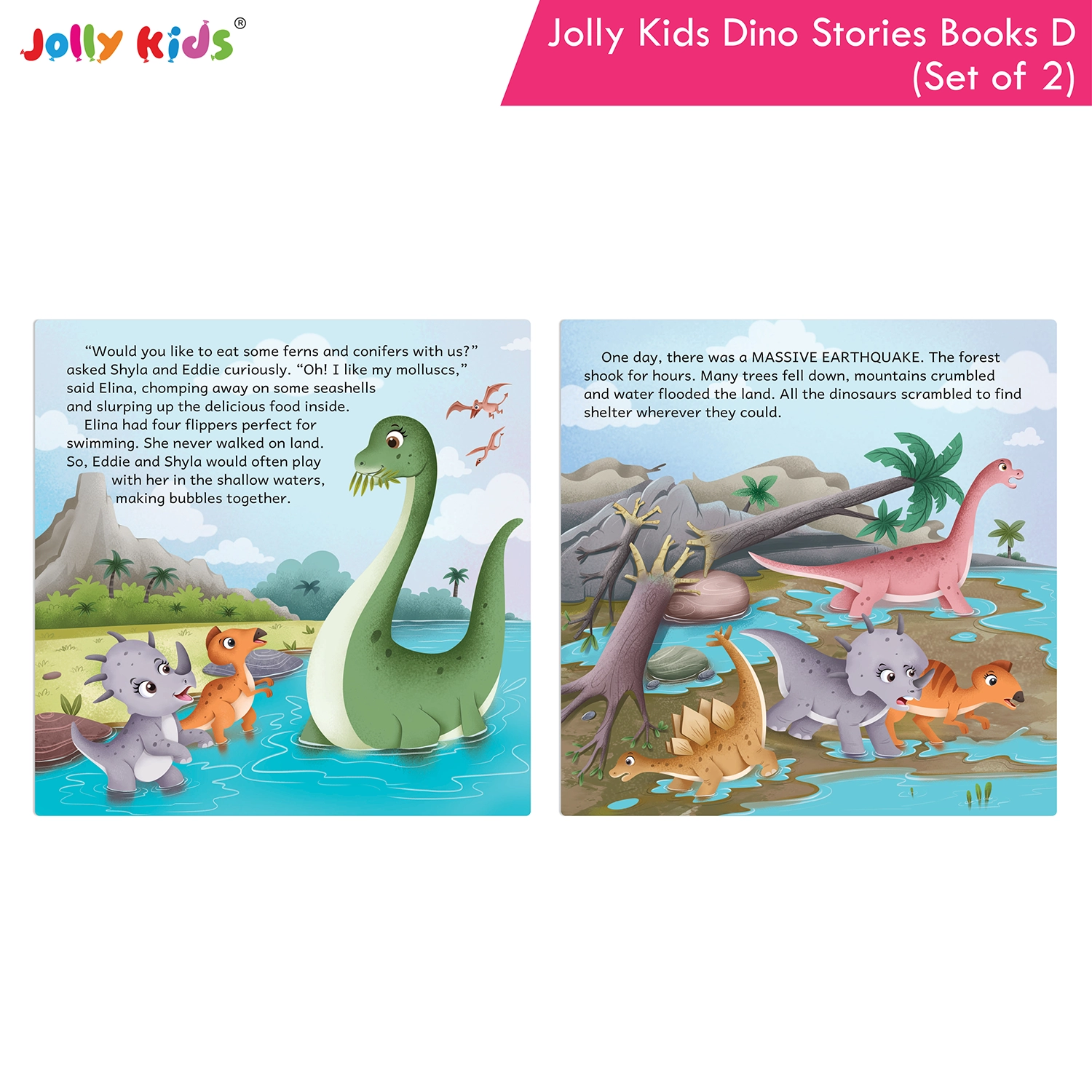 Jolly Kids Dinosaur Story Books D Set of 2 | Colourful Illustrated Dino Adventures for Kids | Elina Elasmosaurus and the Earthquake and Peter Pteranodon to the Rescue - Image 4