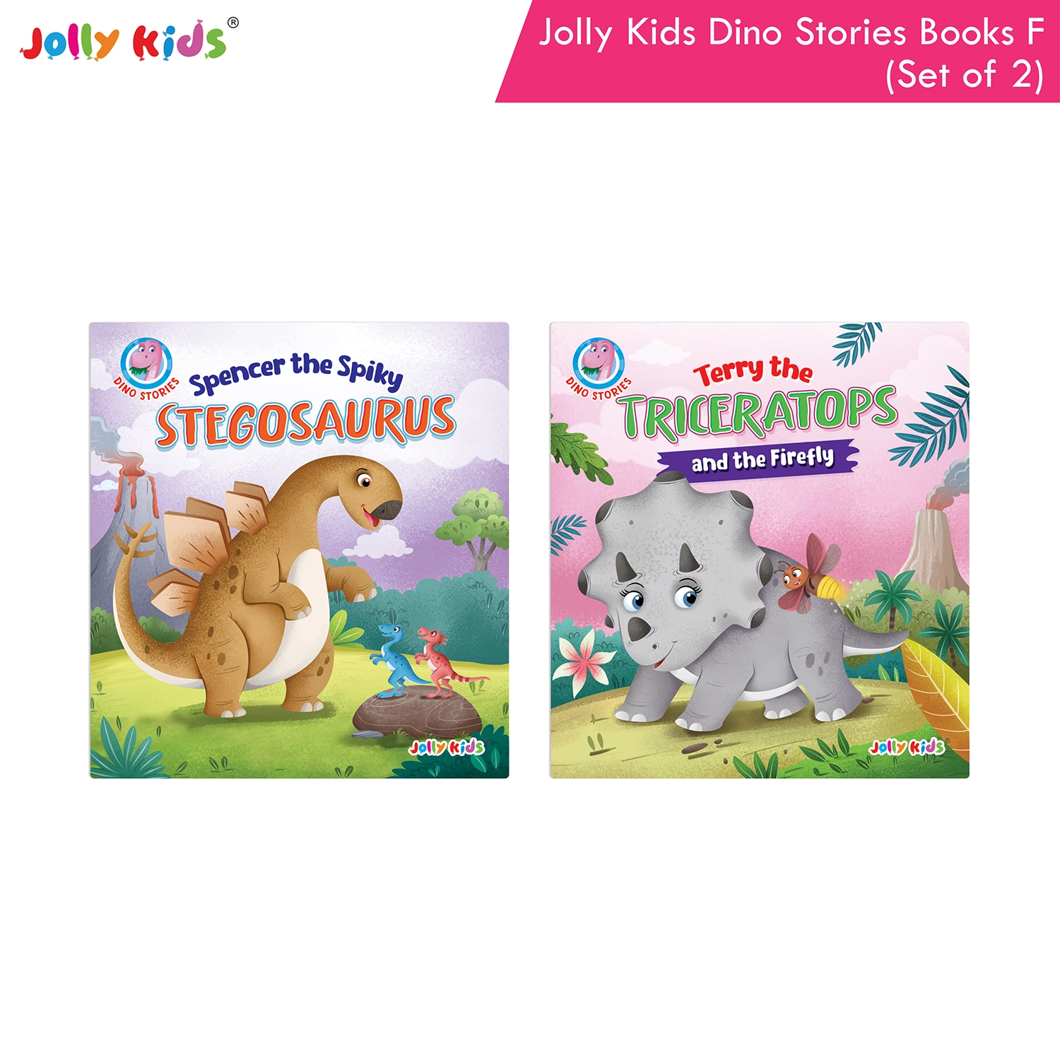 Jolly Kids Dinosaur Story Books F Set of 2 | Colourful Illustrated Dino Adventures for Kids | Spencer the Spiky Stegosaurus and Terry the Triceratops and the Firefly
