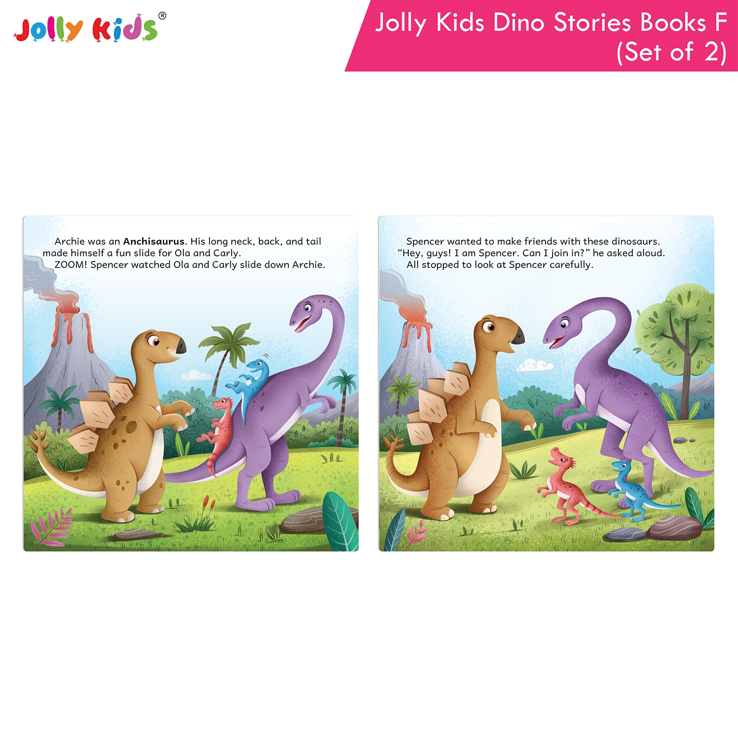 Jolly Kids Dinosaur Story Books F Set of 2 | Colourful Illustrated Dino Adventures for Kids | Spencer the Spiky Stegosaurus and Terry the Triceratops and the Firefly - Image 3