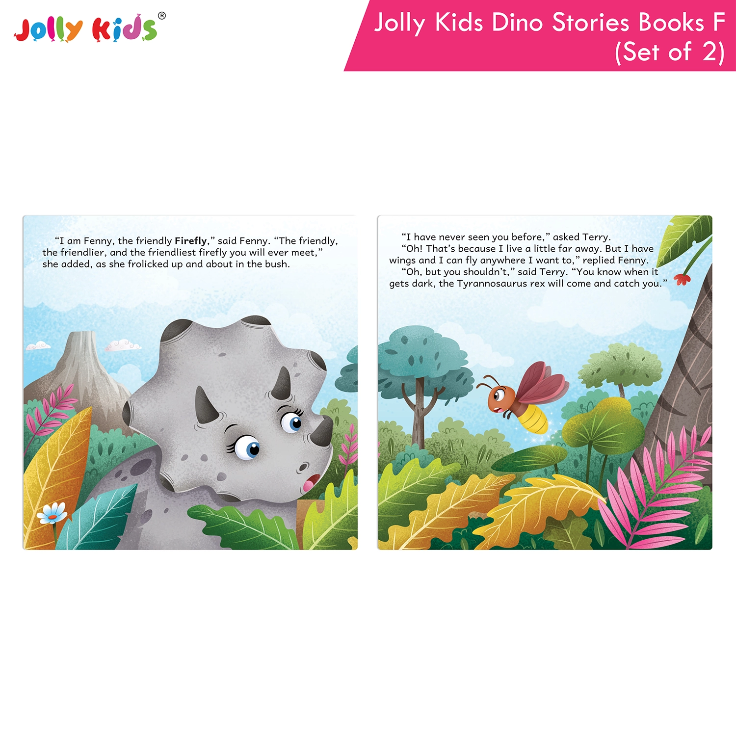 Jolly Kids Dinosaur Story Books F Set of 2 | Colourful Illustrated Dino Adventures for Kids | Spencer the Spiky Stegosaurus and Terry the Triceratops and the Firefly - Image 7
